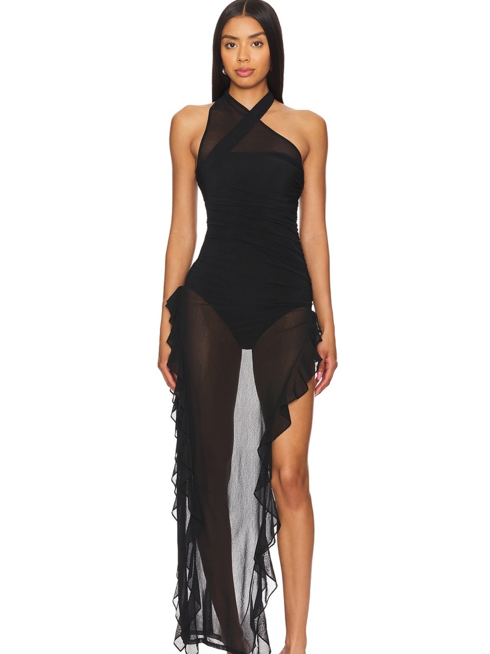 NBD REVOLVE Black Sheer Ruffle Halter Maxi Dress